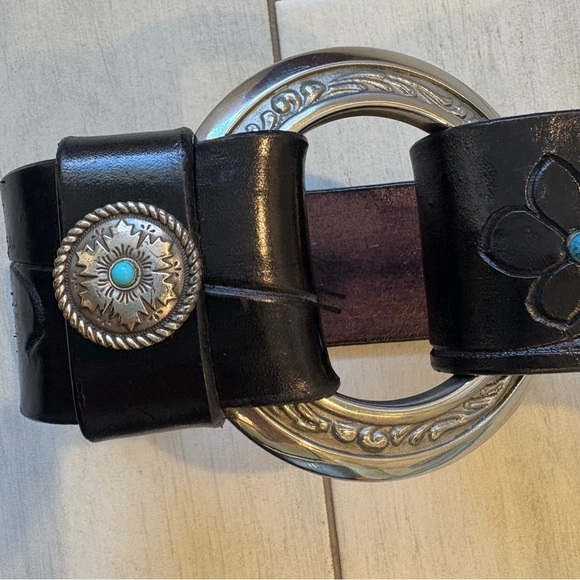 Vtg Al Stohlman Brand Black Leather Belt Floral Tooled Silver Western Cowgirl - Picture 5 of 11